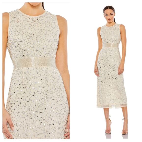 NWT MAC DUGGAL Nude Silver Geometric Embellished Sleeveless A Line Dress Women’s - Picture 1 of 13